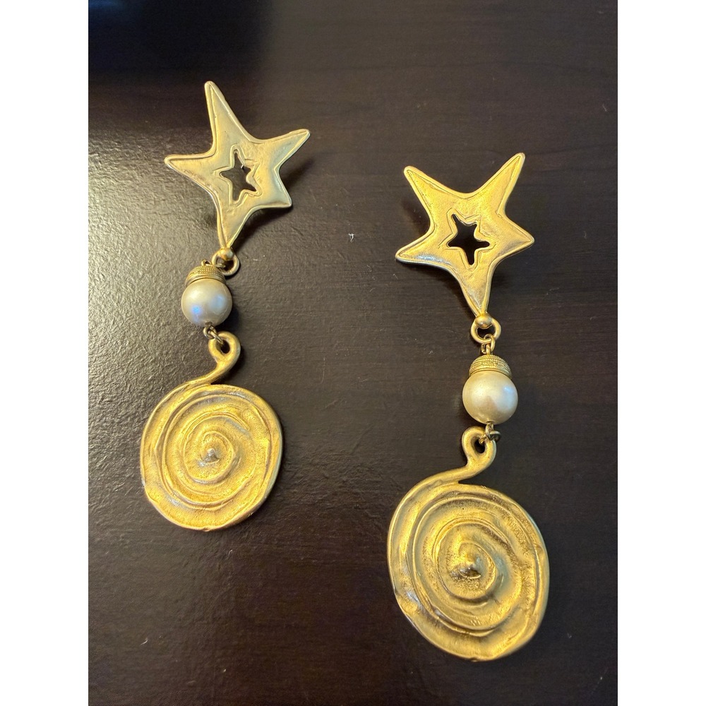 Vintage Gold Tone Faux Pearl Star Spiral Drop Statement Earrings Celestial 80s